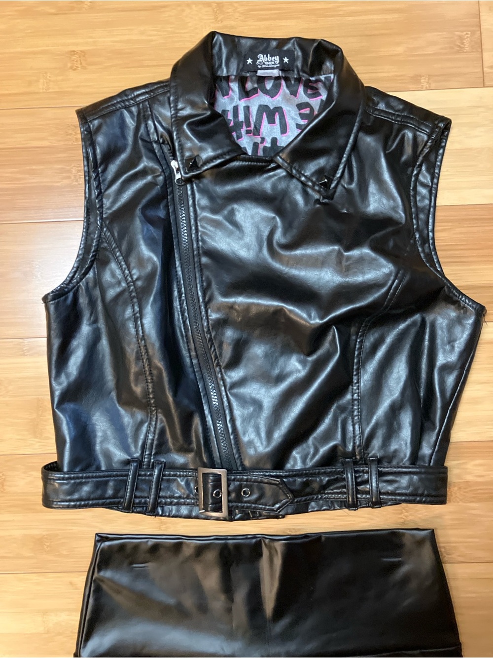 Abbey Dawn Black Faux Leather vintage Sleeveless Moto Vest with leggings